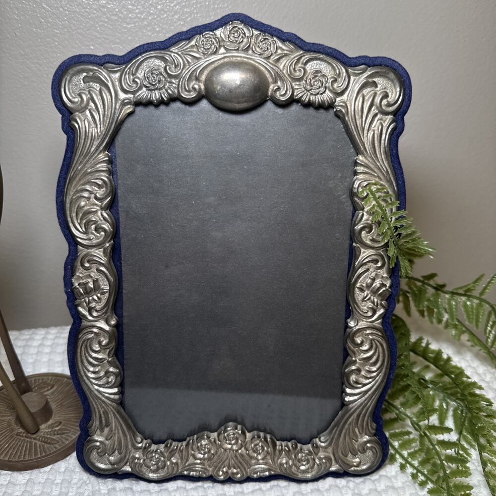 Vtg Ornate Silver Tone Picture Frame Blue Velvet Back Holds 5.5x8 Free Standing